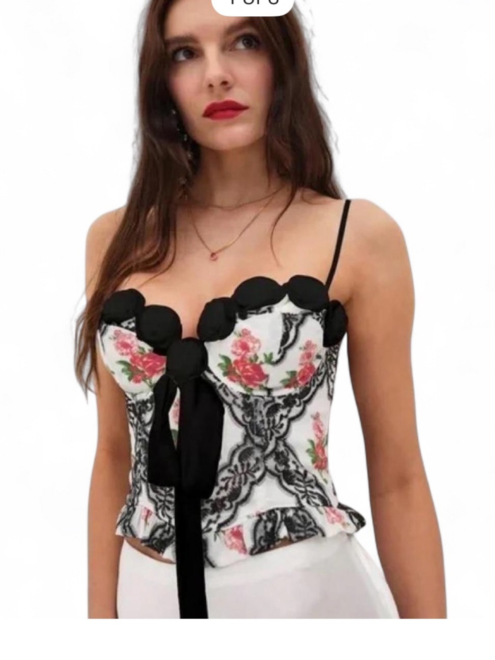 For Love & Lemons White Floral Lace Corset Camisole with Black Trim